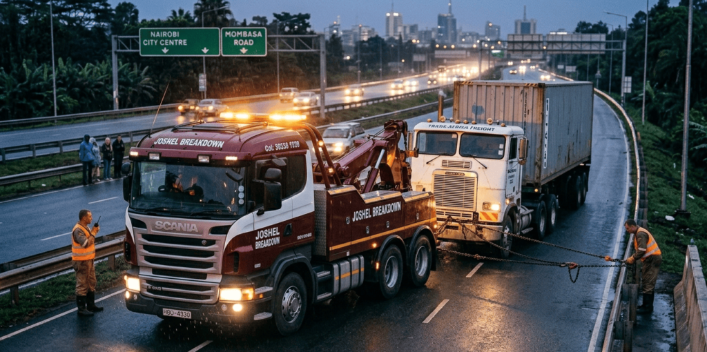 Semi-Truck Towing in Progress on a Freeway