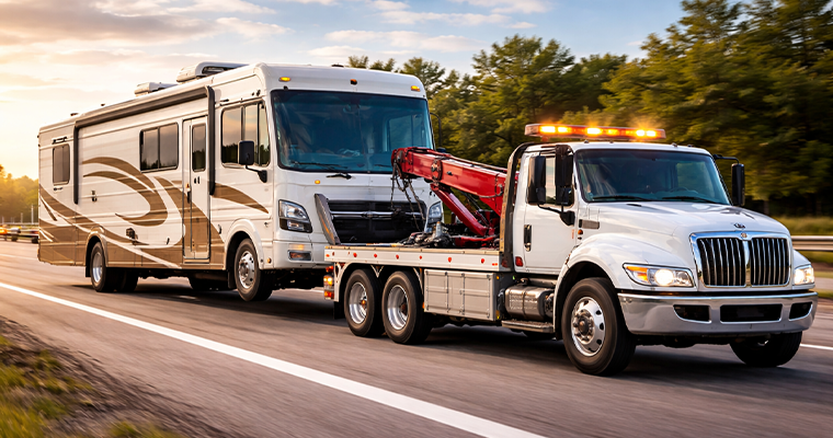 Our RV towing service transporting a motorhome